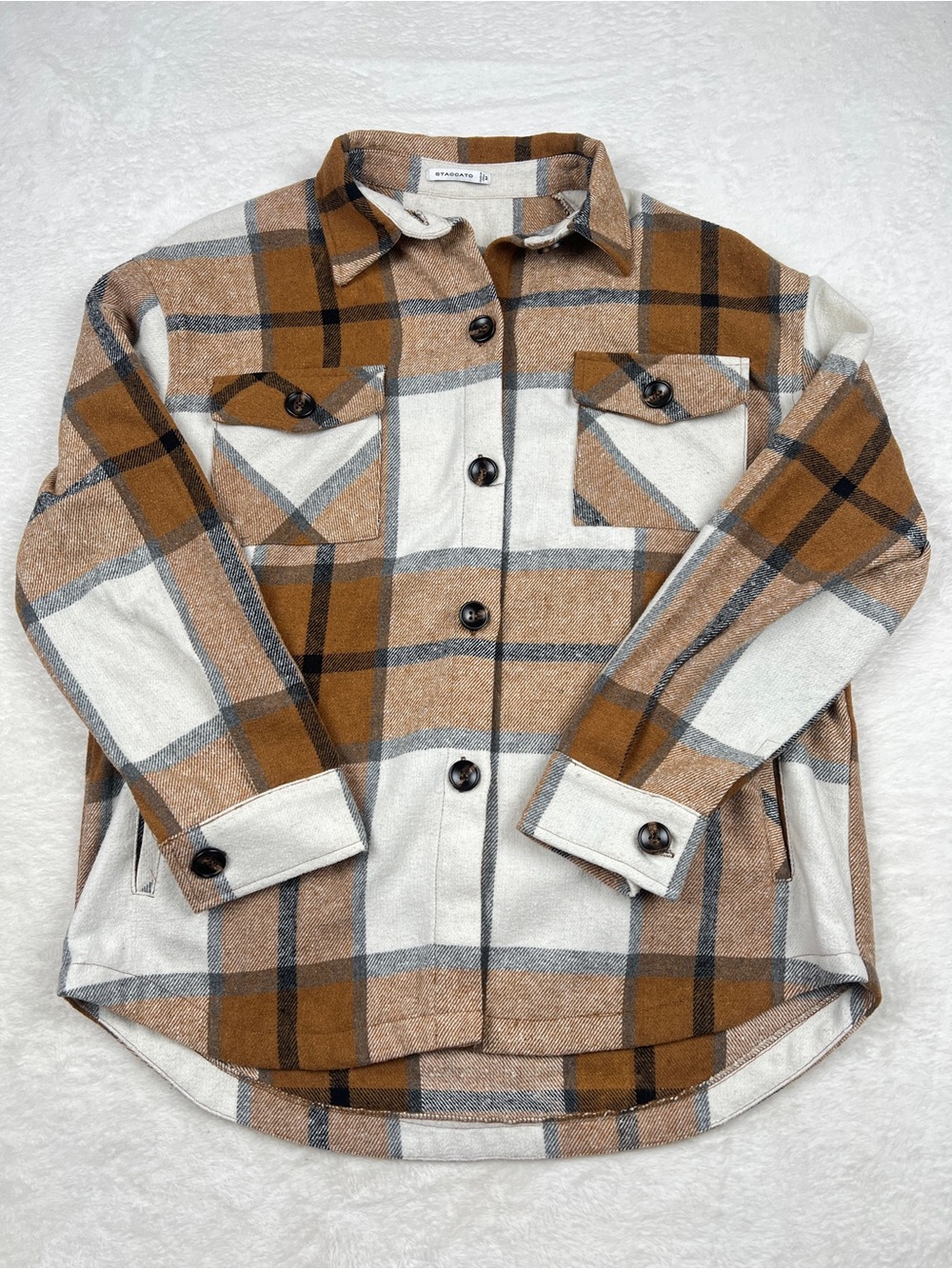 Staccato Oversized Plaid Flannel Shacket Womens M Brown Cream Fall Jacket